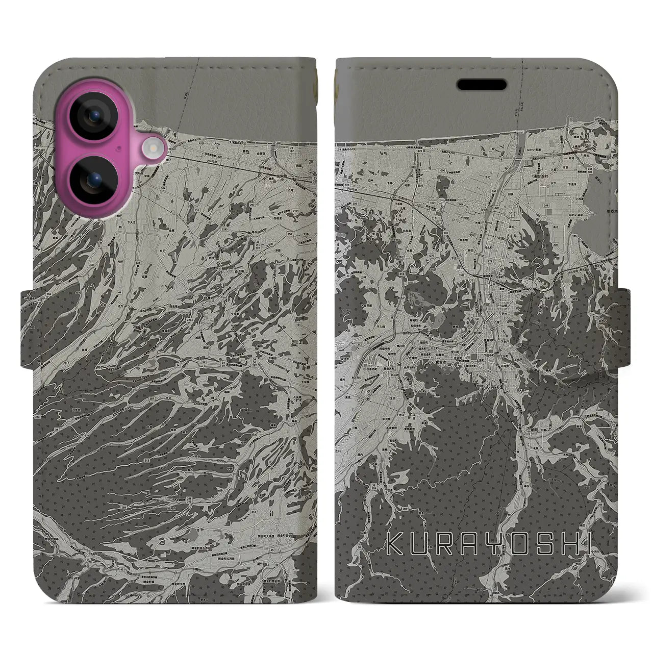 【倉吉(鳥取県)】地図柄iPhoneケース(手帳タイプ)モノトーン・iPhone 16 Pro 用