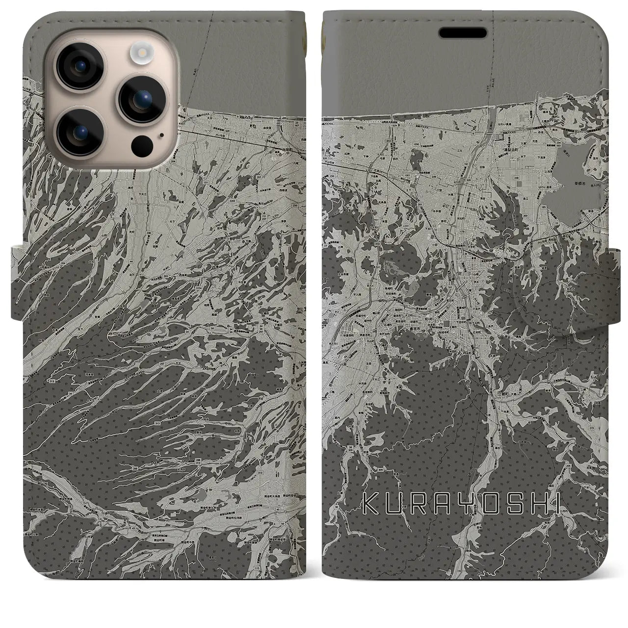 【倉吉(鳥取県)】地図柄iPhoneケース(手帳タイプ)モノトーン・iPhone 16 Plus 用