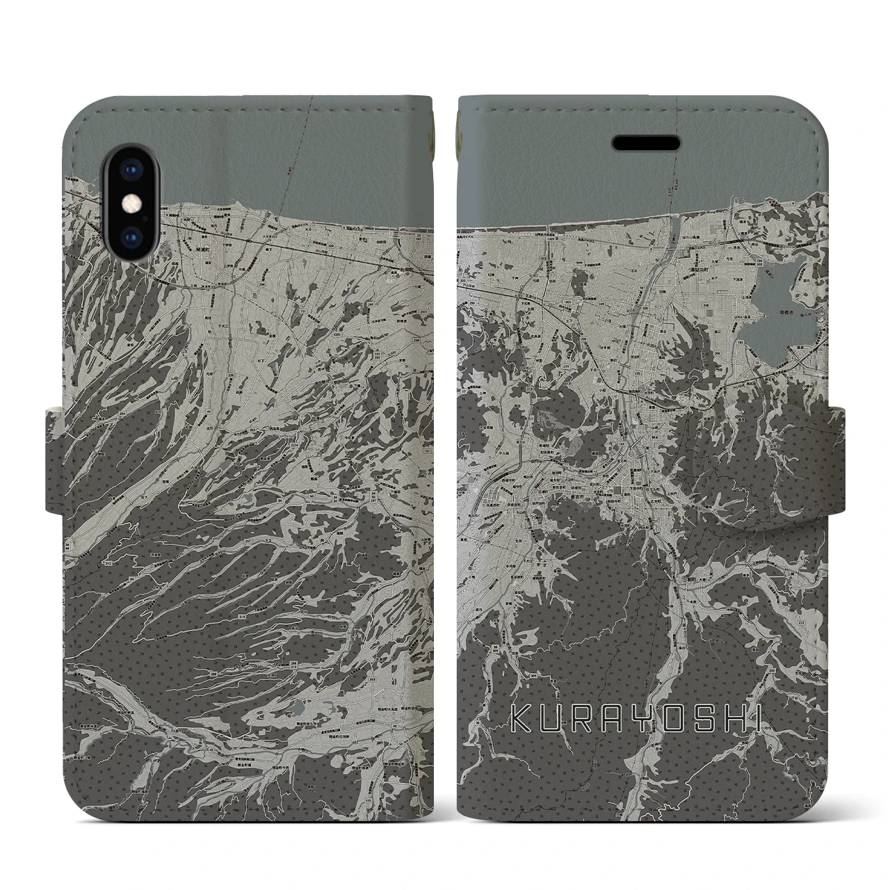 【倉吉(鳥取県)】地図柄iPhoneケース(手帳タイプ)モノトーン・iPhone XS / X 用