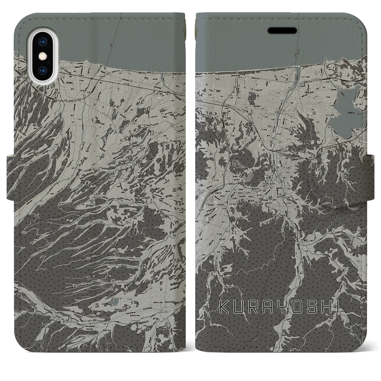 【倉吉(鳥取県)】地図柄iPhoneケース(手帳タイプ)モノトーン・iPhone XS Max 用