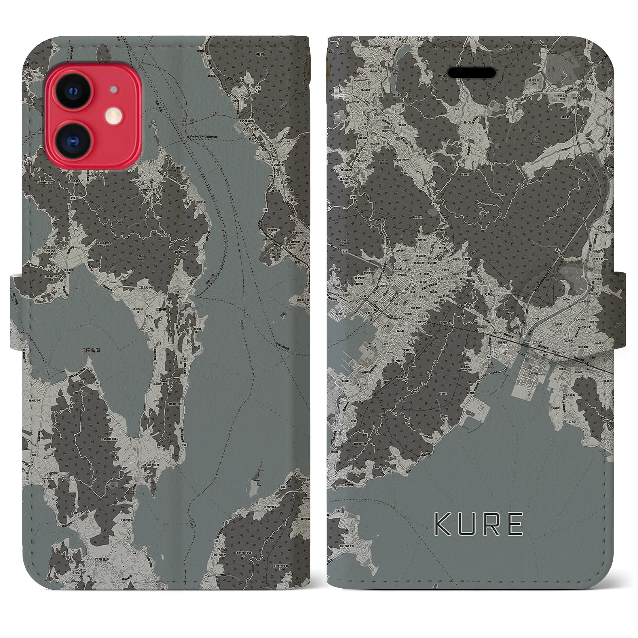 【呉(広島県)】地図柄iPhoneケース(手帳タイプ)モノトーン・iPhone 11 用
