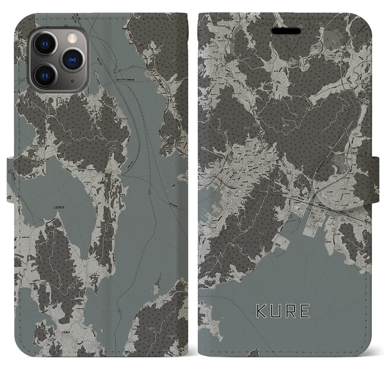【呉(広島県)】地図柄iPhoneケース(手帳タイプ)モノトーン・iPhone 11 Pro Max 用