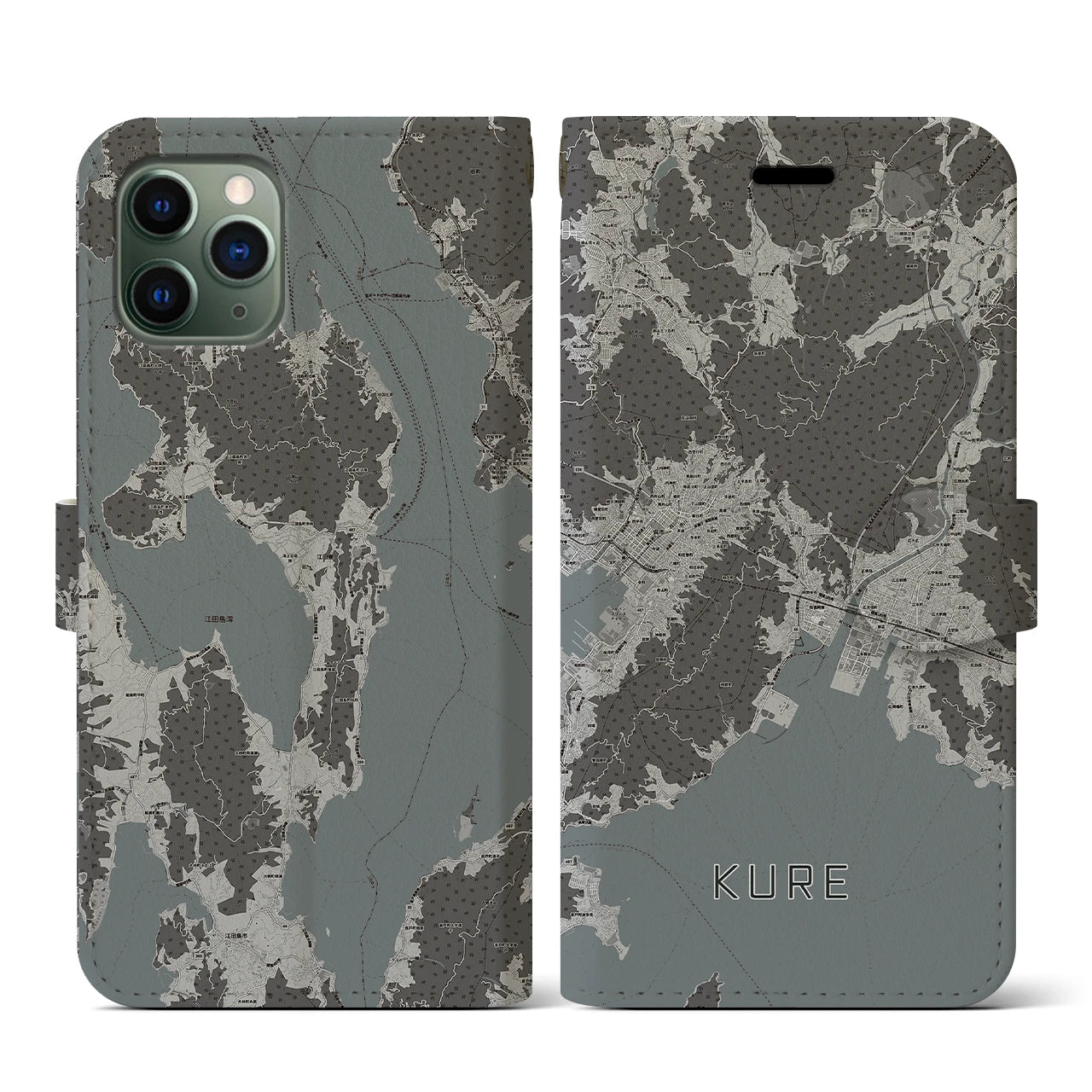 【呉(広島県)】地図柄iPhoneケース(手帳タイプ)モノトーン・iPhone 11 Pro 用