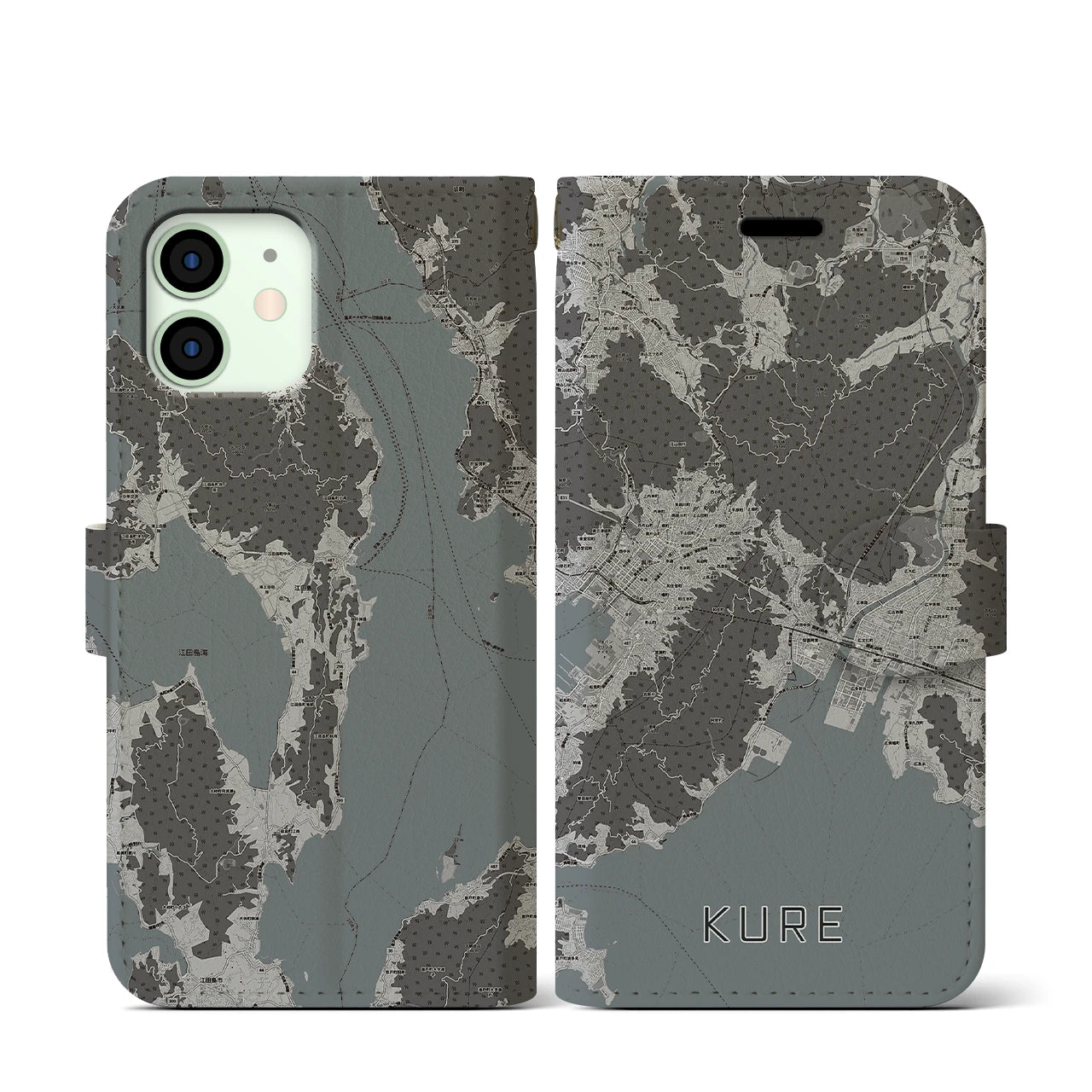 【呉(広島県)】地図柄iPhoneケース(手帳タイプ)モノトーン・iPhone 12 mini 用