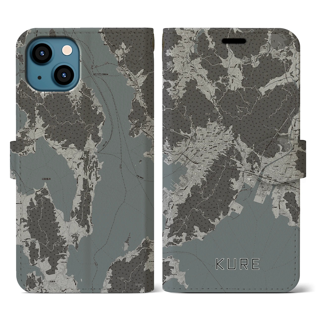 【呉(広島県)】地図柄iPhoneケース(手帳タイプ)モノトーン・iPhone 13 用