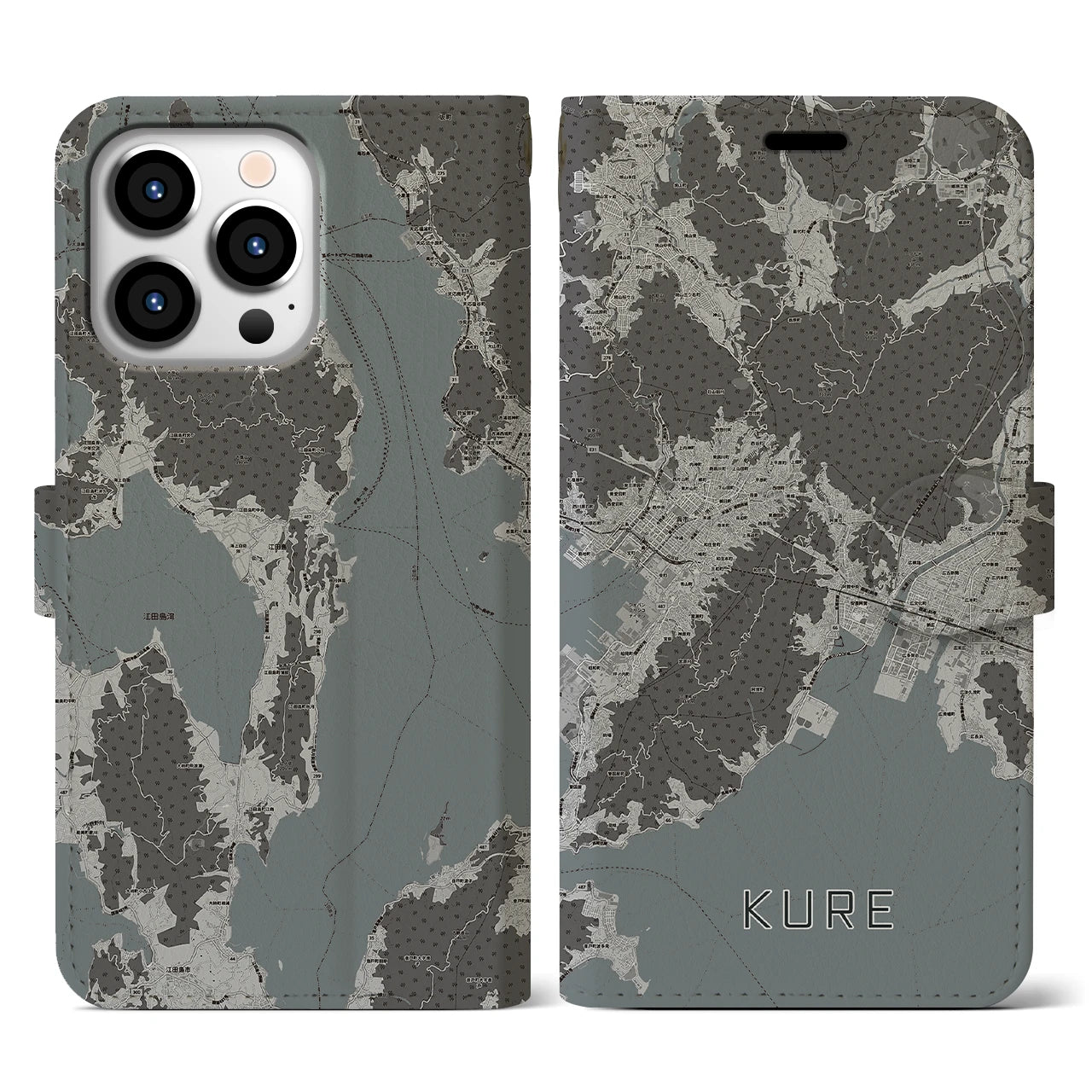 【呉(広島県)】地図柄iPhoneケース(手帳タイプ)モノトーン・iPhone 13 Pro 用