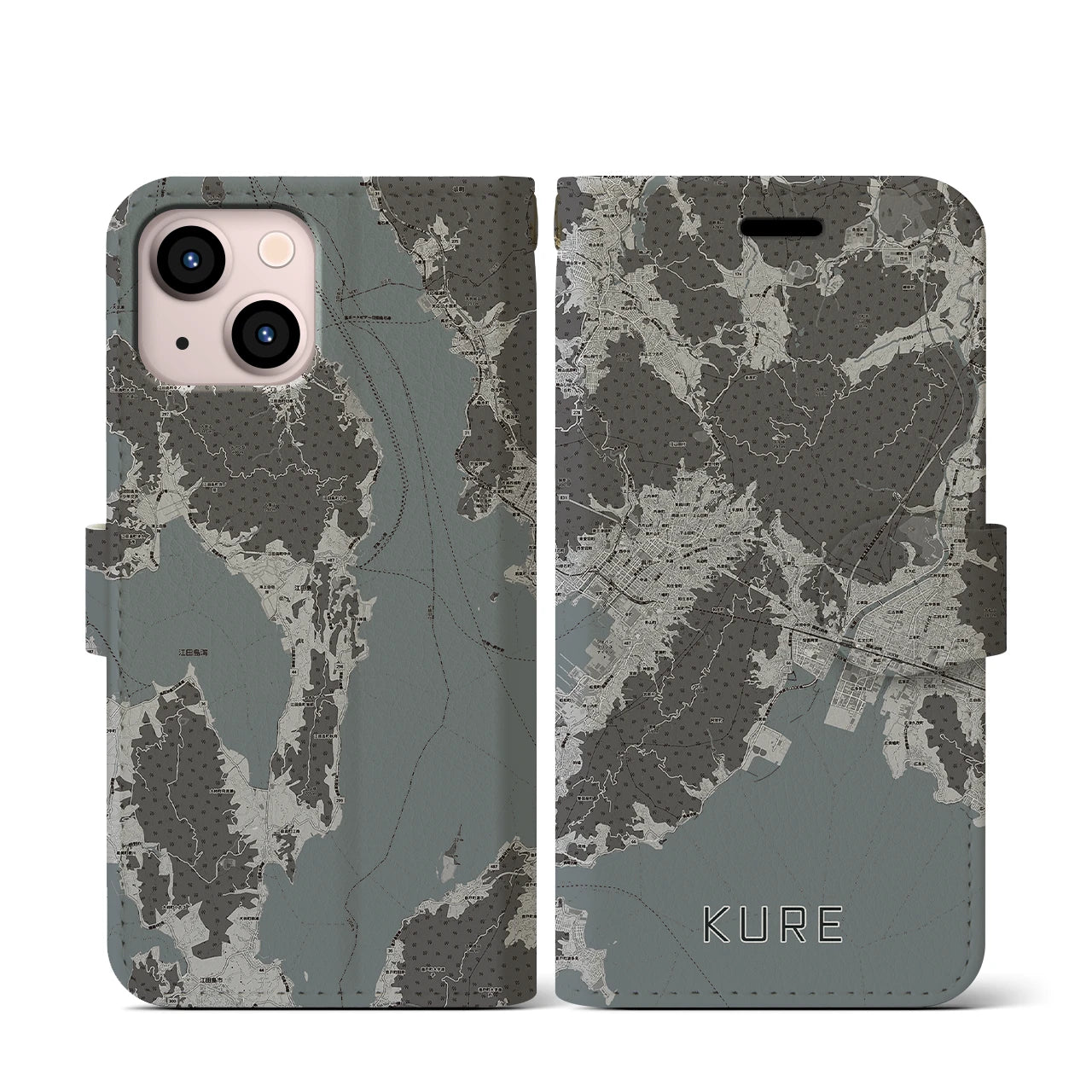 【呉(広島県)】地図柄iPhoneケース(手帳タイプ)モノトーン・iPhone 13 mini 用