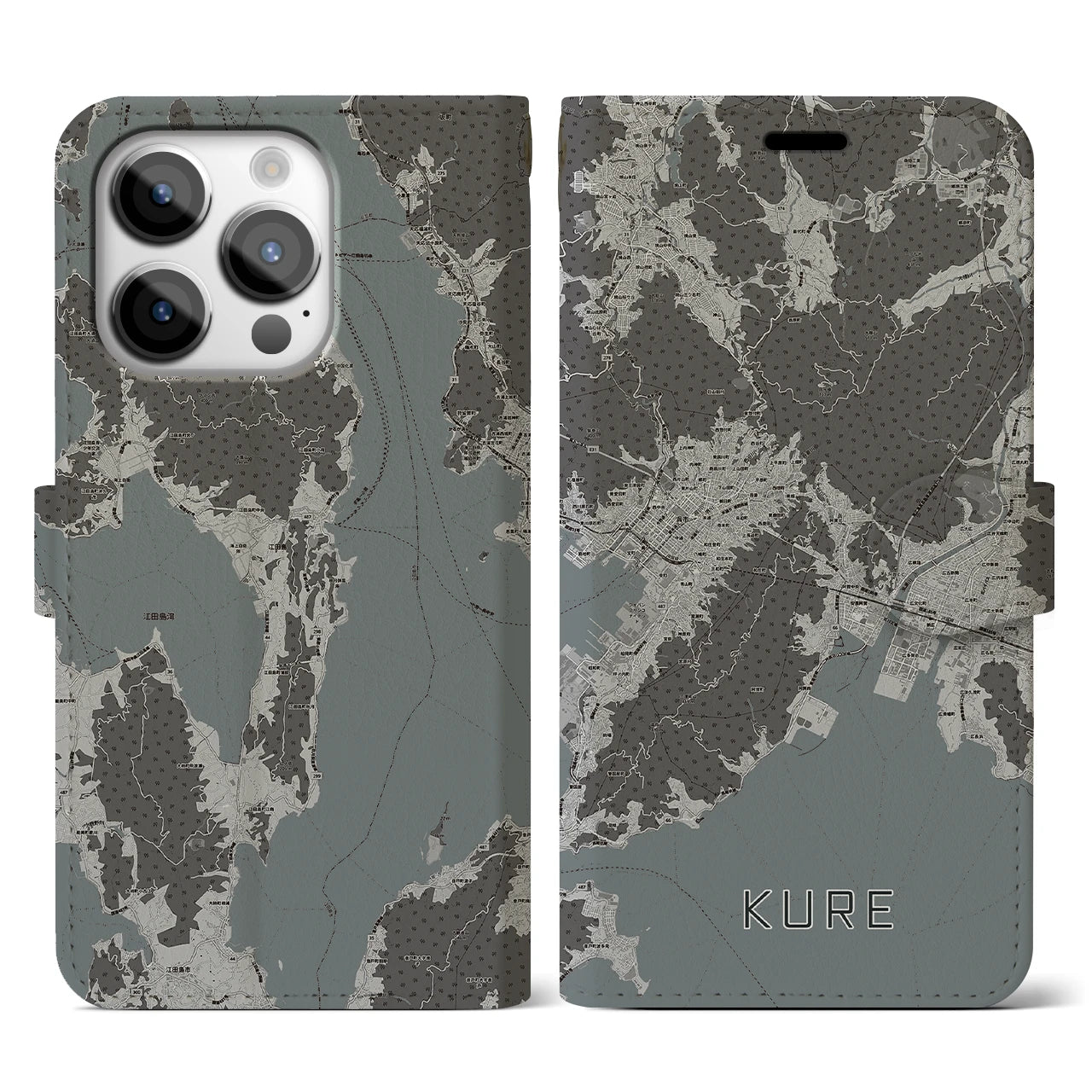 【呉(広島県)】地図柄iPhoneケース(手帳タイプ)モノトーン・iPhone 14 Pro 用