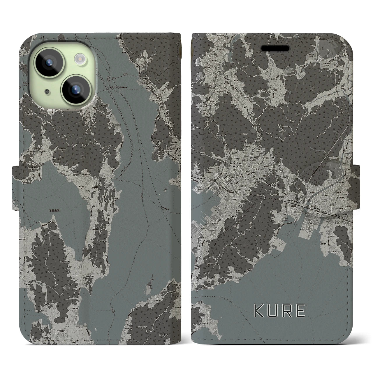 【呉(広島県)】地図柄iPhoneケース(手帳タイプ)モノトーン・iPhone 15 用