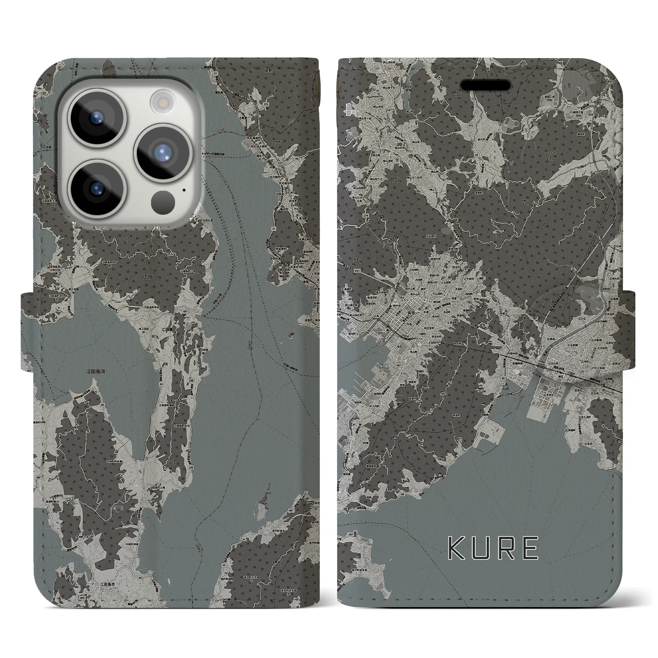 【呉(広島県)】地図柄iPhoneケース(手帳タイプ)モノトーン・iPhone 15 Pro 用