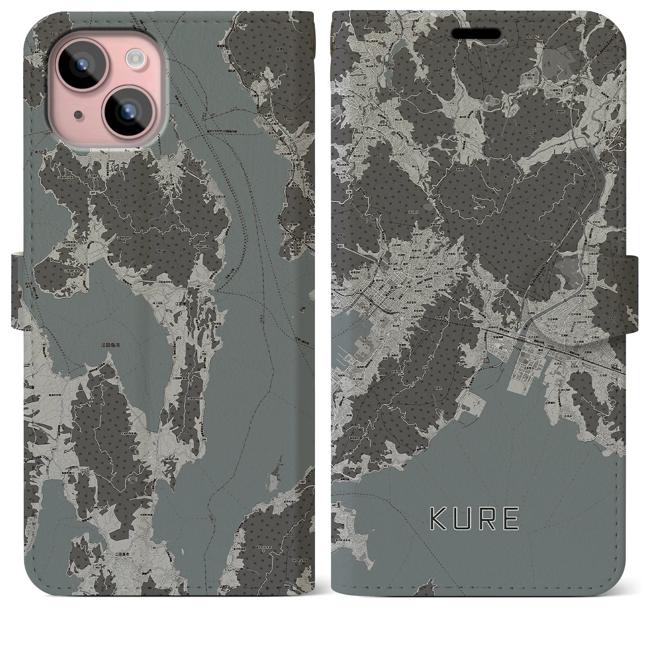 【呉(広島県)】地図柄iPhoneケース(手帳タイプ)モノトーン・iPhone 15 Plus 用