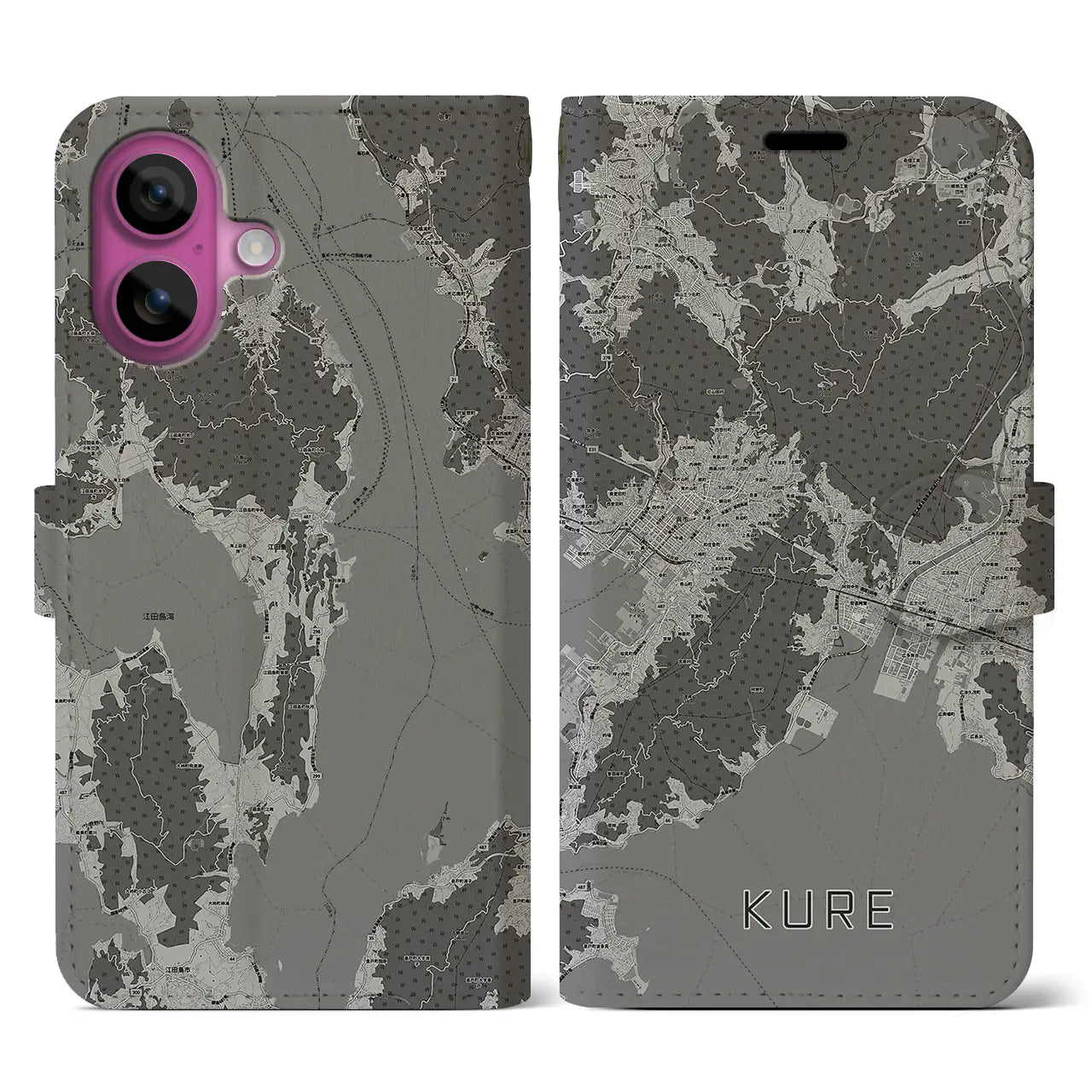 【呉(広島県)】地図柄iPhoneケース(手帳タイプ)モノトーン・iPhone 16 Pro 用