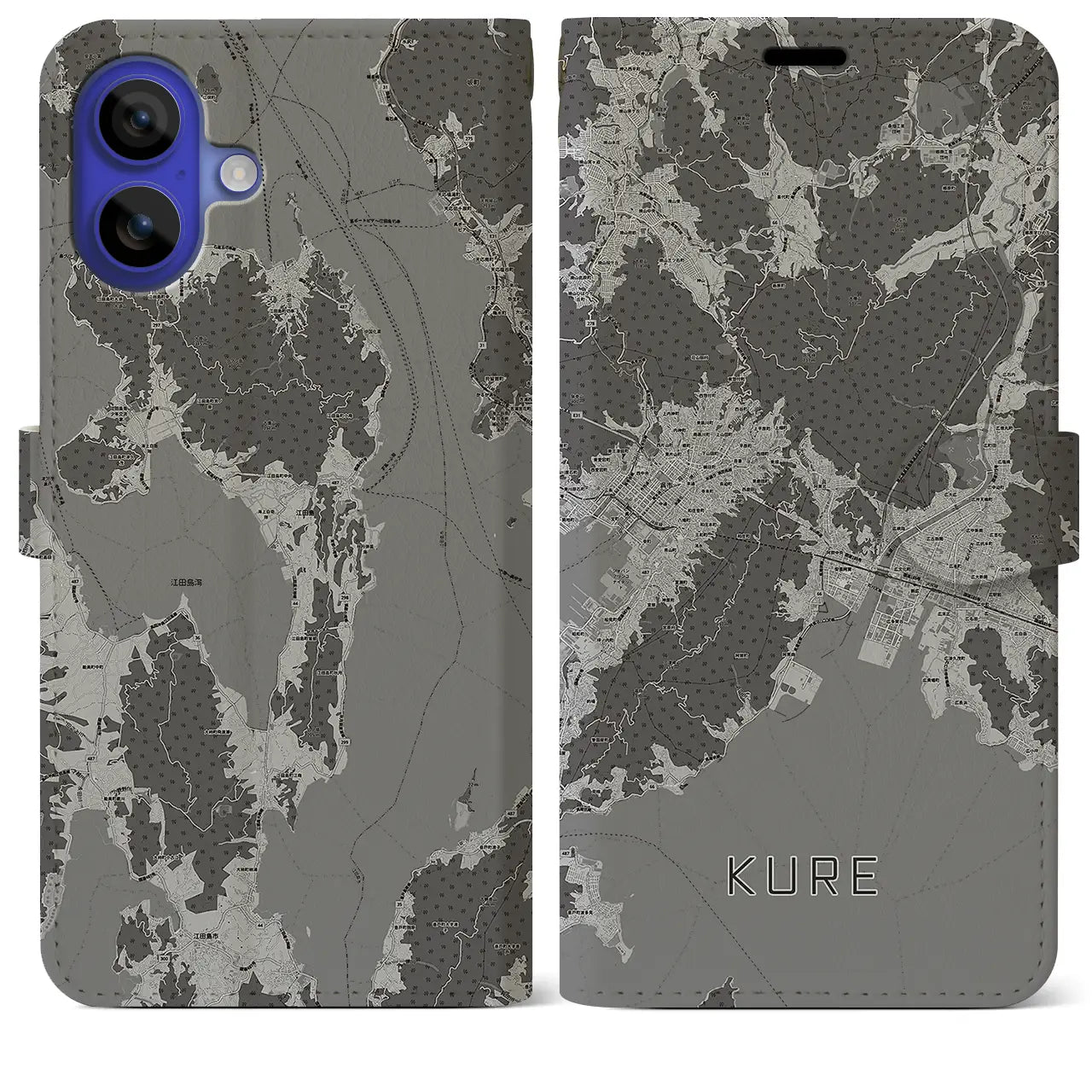 【呉(広島県)】地図柄iPhoneケース(手帳タイプ)モノトーン・iPhone 16 Pro Max 用