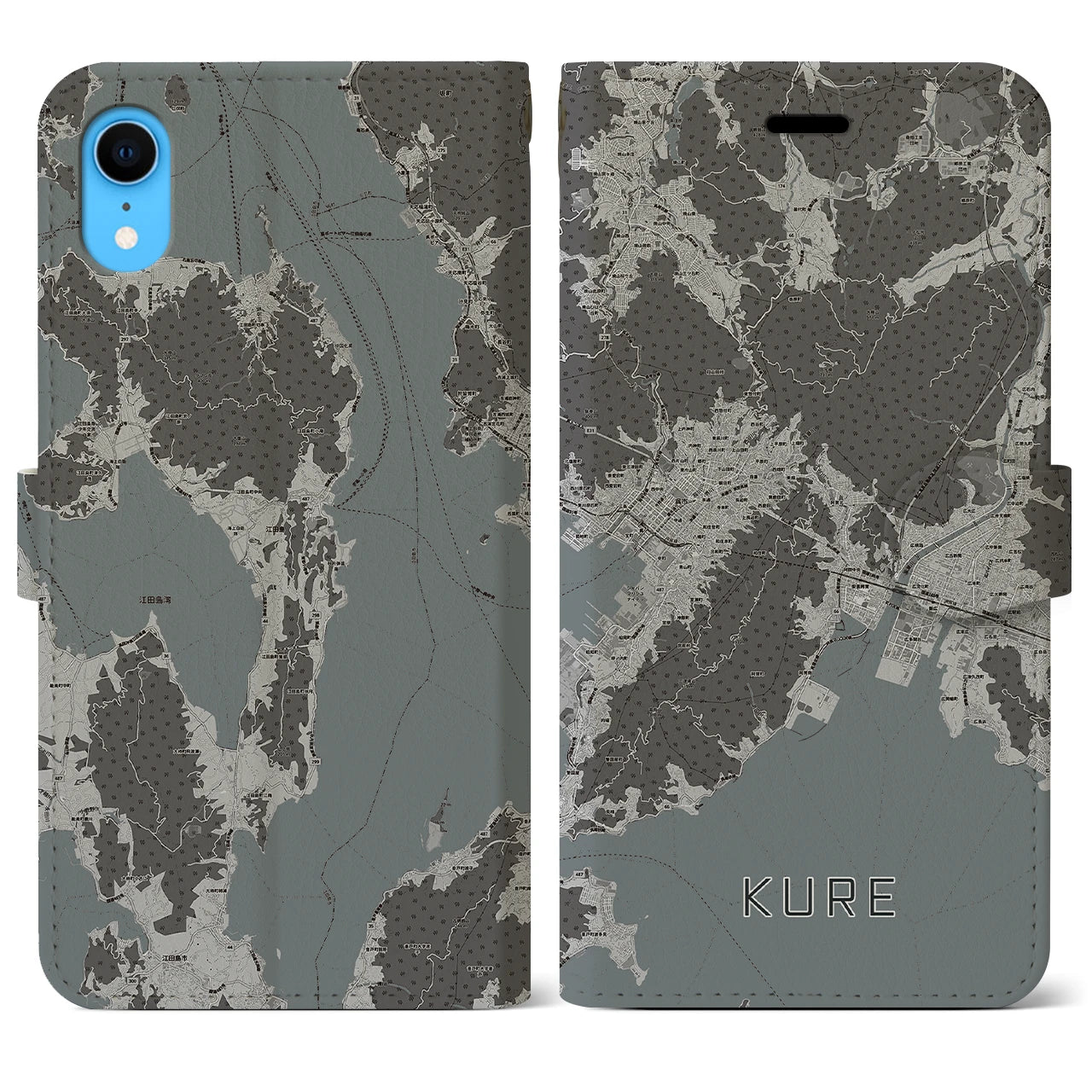 【呉(広島県)】地図柄iPhoneケース(手帳タイプ)モノトーン・iPhone XR 用