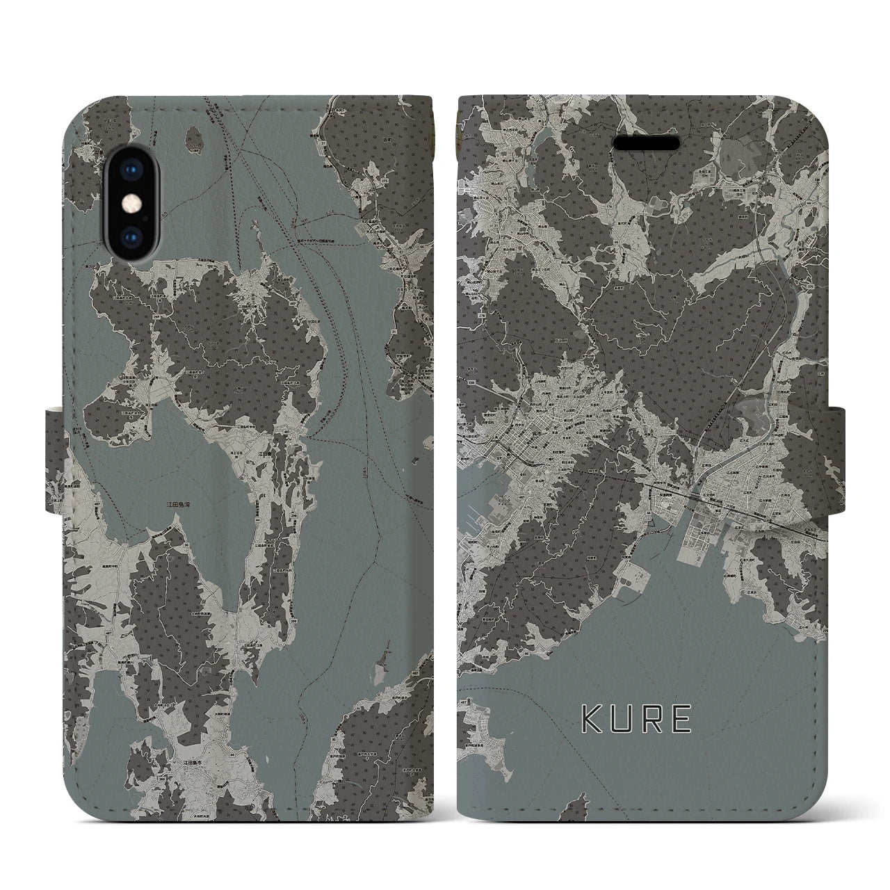 【呉(広島県)】地図柄iPhoneケース(手帳タイプ)モノトーン・iPhone XS / X 用
