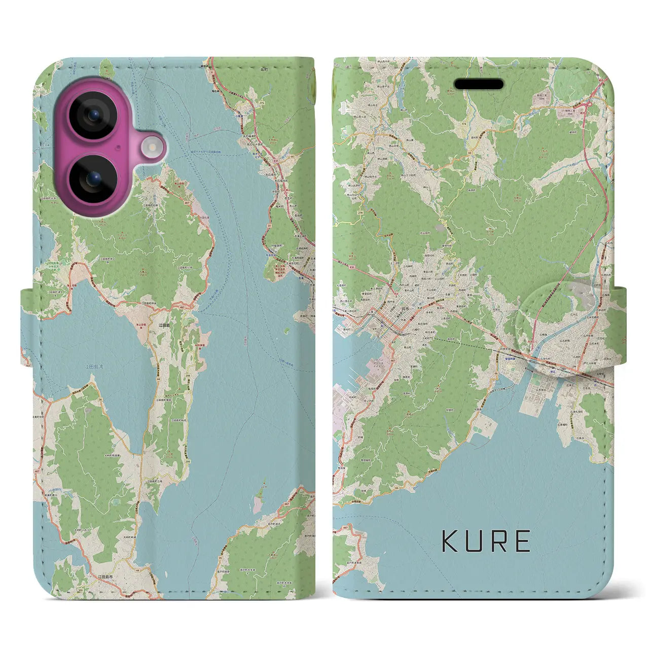【呉(広島県)】地図柄iPhoneケース(手帳タイプ)ナチュラル・iPhone 16 Pro 用
