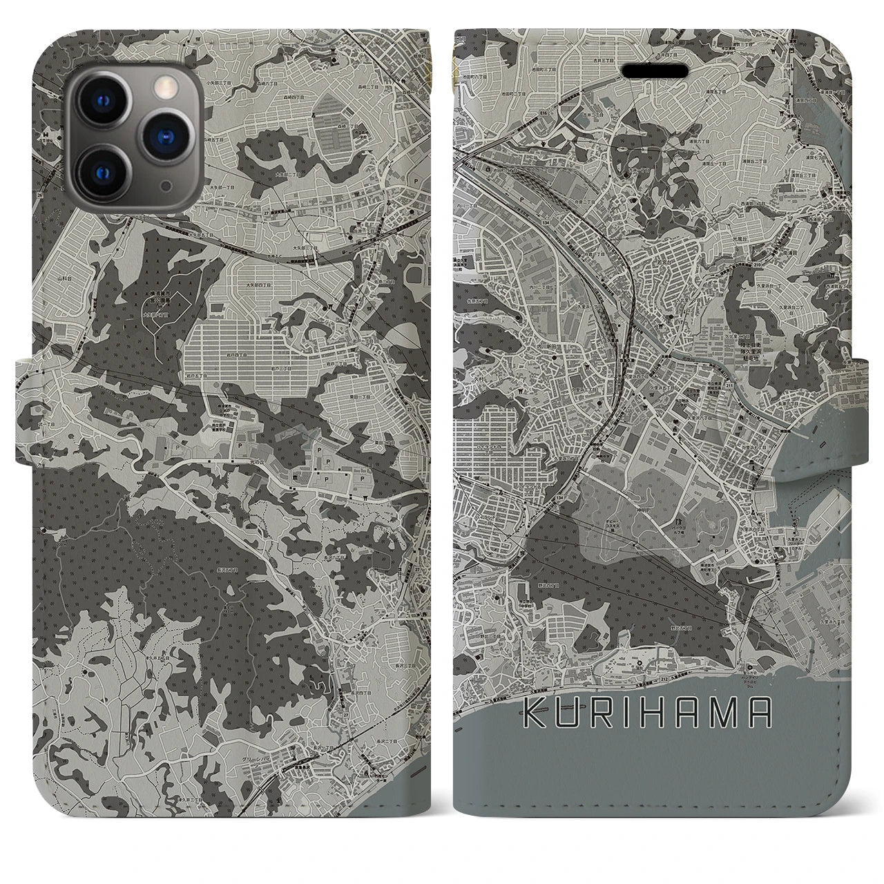 【久里浜(神奈川県)】地図柄iPhoneケース(手帳タイプ)モノトーン・iPhone 11 Pro Max 用