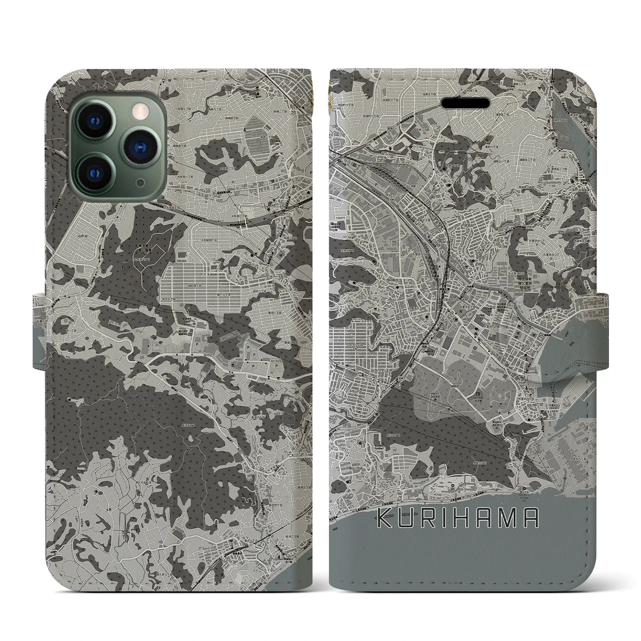 【久里浜(神奈川県)】地図柄iPhoneケース(手帳タイプ)モノトーン・iPhone 11 Pro 用