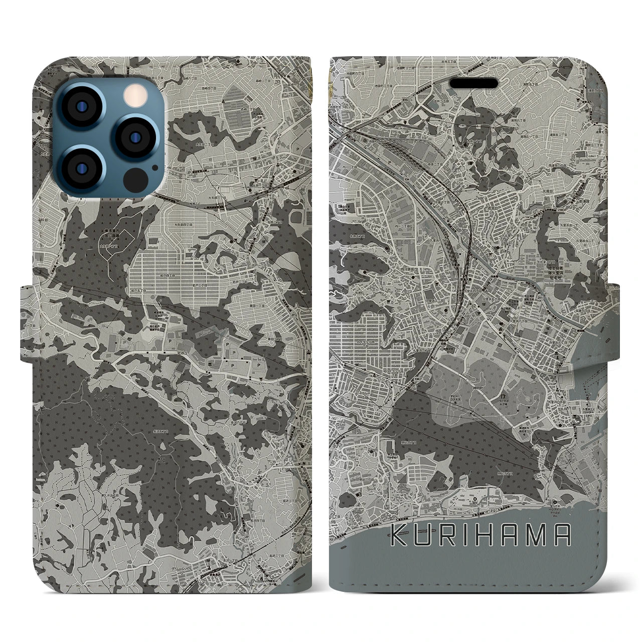 【久里浜(神奈川県)】地図柄iPhoneケース(手帳タイプ)モノトーン・iPhone 12 / 12 Pro 用