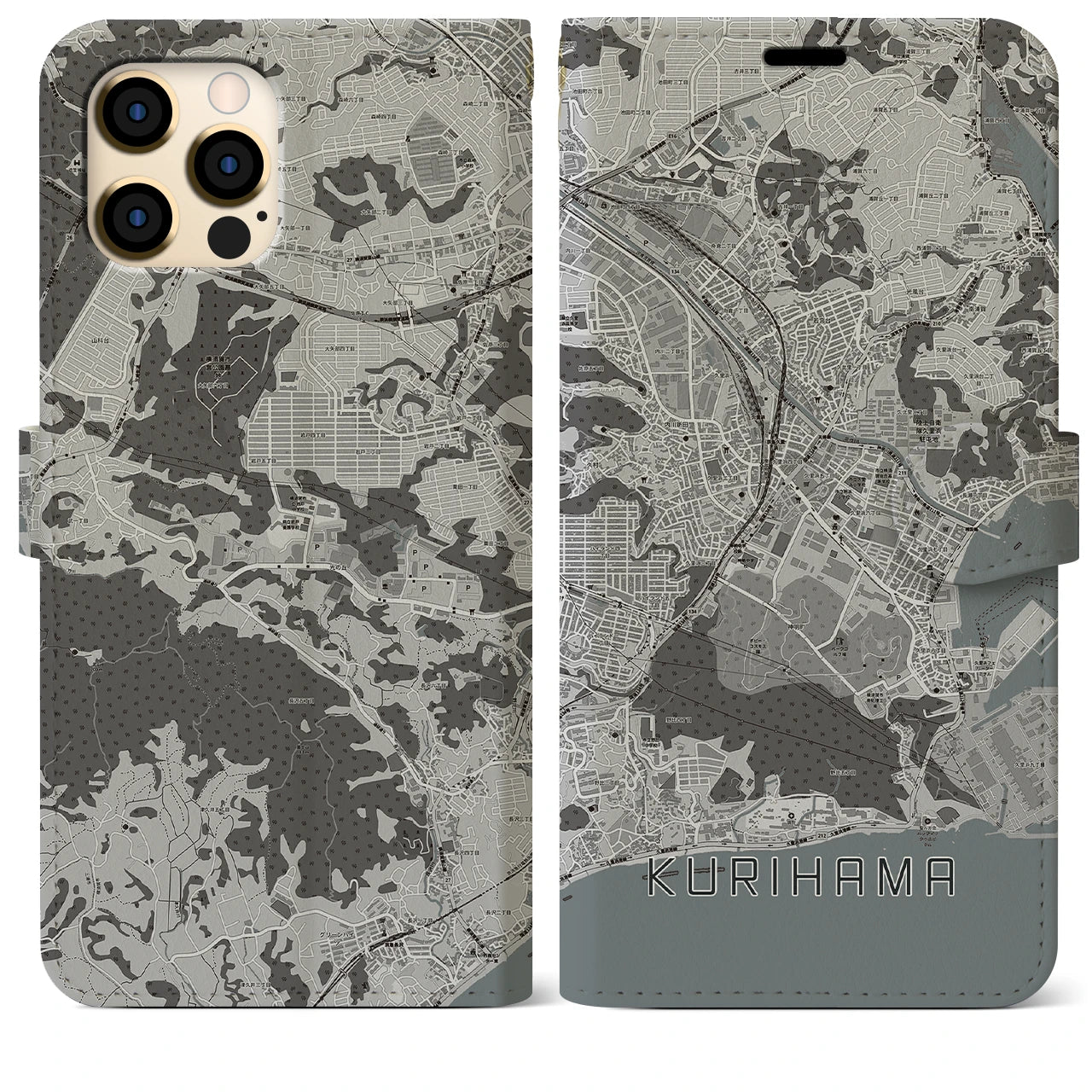 【久里浜(神奈川県)】地図柄iPhoneケース(手帳タイプ)モノトーン・iPhone 12 Pro Max 用