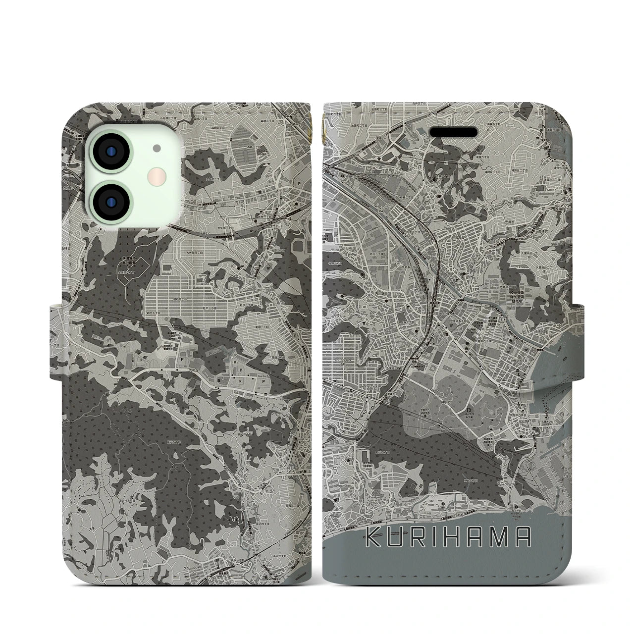 【久里浜(神奈川県)】地図柄iPhoneケース(手帳タイプ)モノトーン・iPhone 12 mini 用