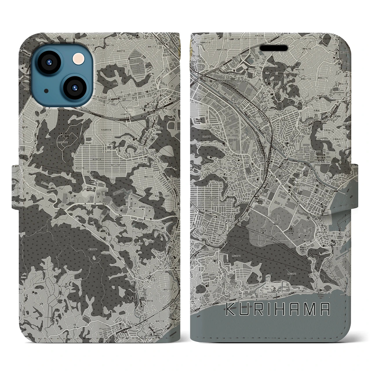 【久里浜(神奈川県)】地図柄iPhoneケース(手帳タイプ)モノトーン・iPhone 13 用