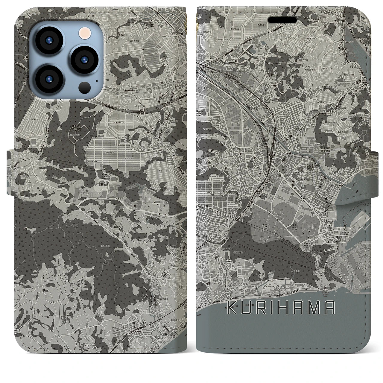 【久里浜(神奈川県)】地図柄iPhoneケース(手帳タイプ)モノトーン・iPhone 13 Pro Max 用