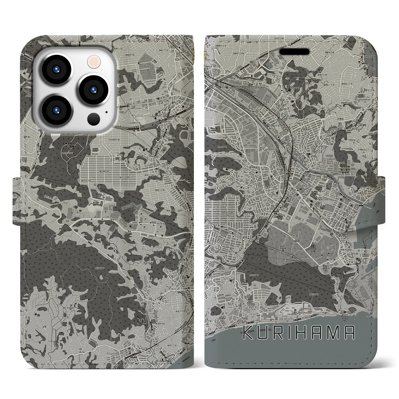 【久里浜(神奈川県)】地図柄iPhoneケース(手帳タイプ)モノトーン・iPhone 13 Pro 用