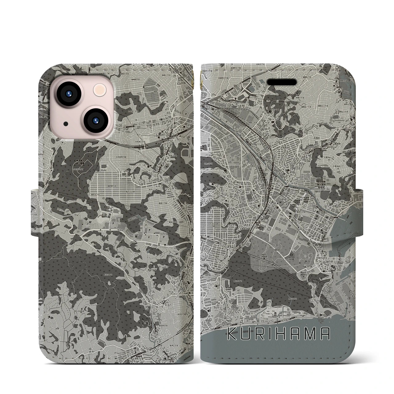 【久里浜(神奈川県)】地図柄iPhoneケース(手帳タイプ)モノトーン・iPhone 13 mini 用