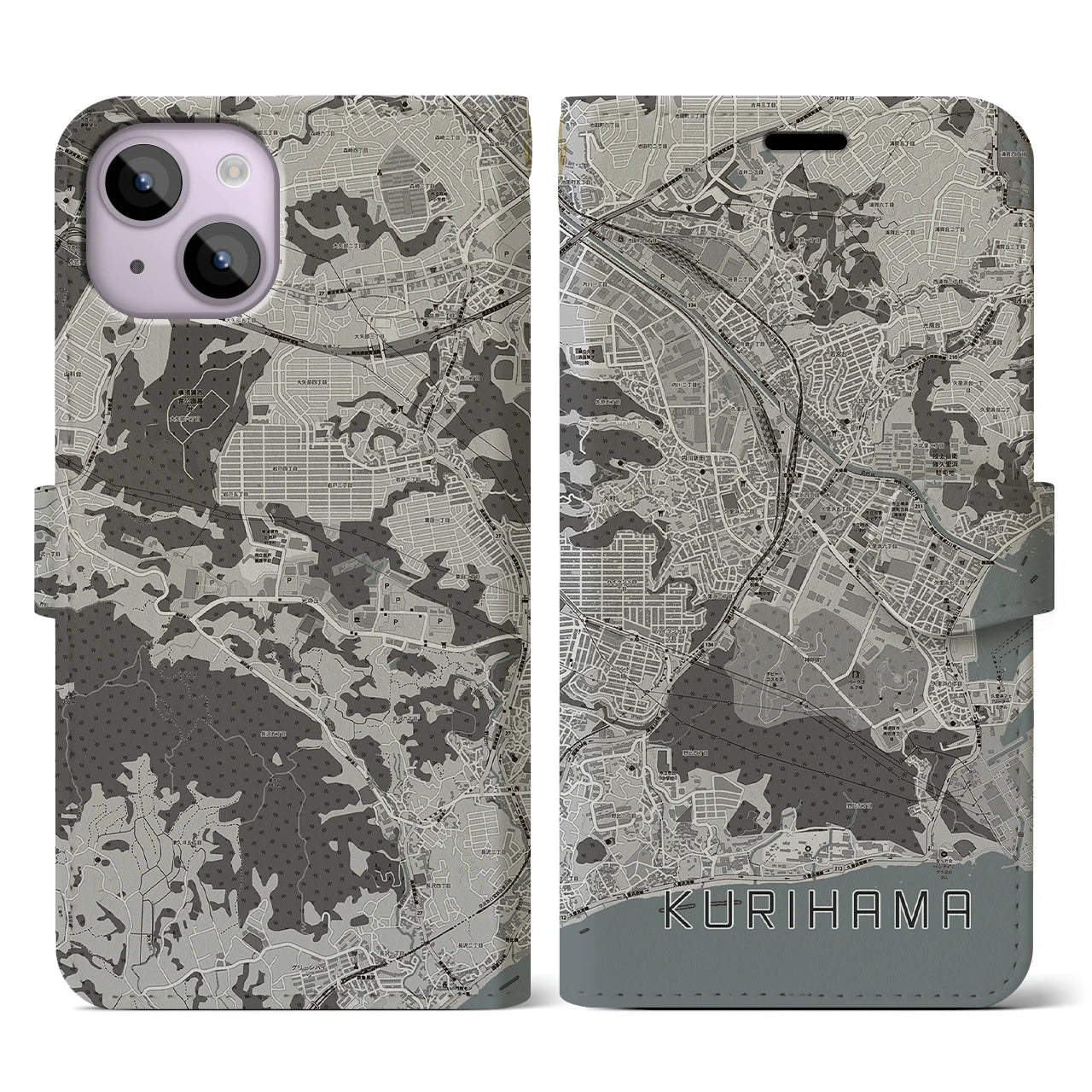 【久里浜(神奈川県)】地図柄iPhoneケース(手帳タイプ)モノトーン・iPhone 14 用