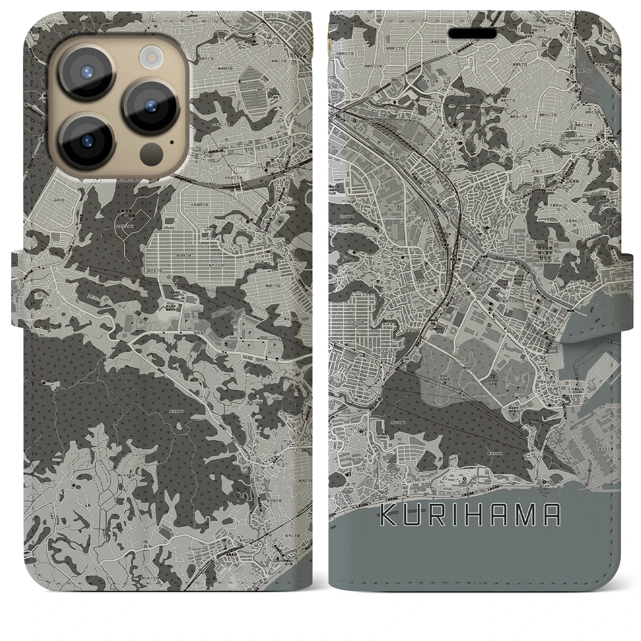 【久里浜(神奈川県)】地図柄iPhoneケース(手帳タイプ)モノトーン・iPhone 14 Pro Max 用