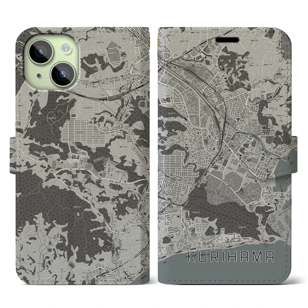 【久里浜(神奈川県)】地図柄iPhoneケース(手帳タイプ)モノトーン・iPhone 15 用