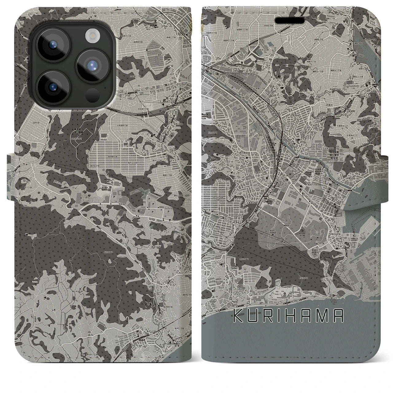 【久里浜(神奈川県)】地図柄iPhoneケース(手帳タイプ)モノトーン・iPhone 15 Pro Max 用