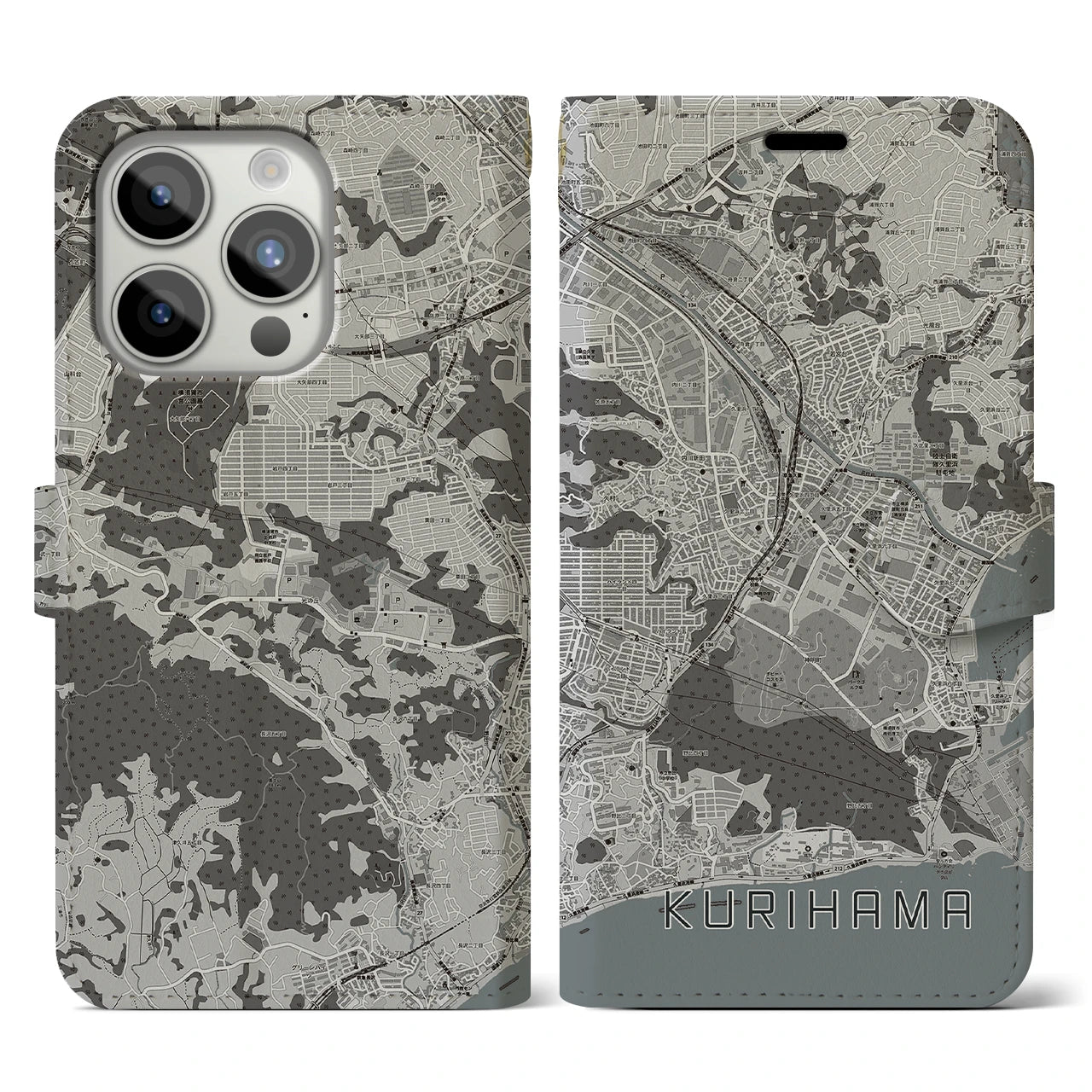 【久里浜(神奈川県)】地図柄iPhoneケース(手帳タイプ)モノトーン・iPhone 15 Pro 用