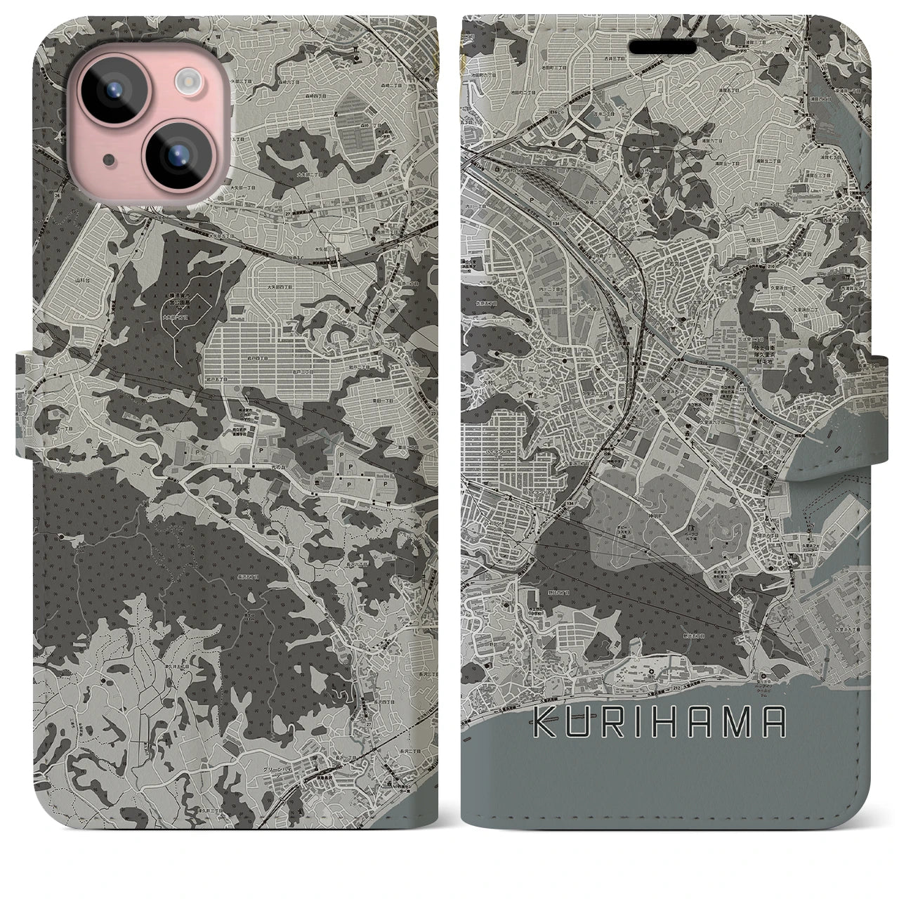 【久里浜(神奈川県)】地図柄iPhoneケース(手帳タイプ)モノトーン・iPhone 15 Plus 用