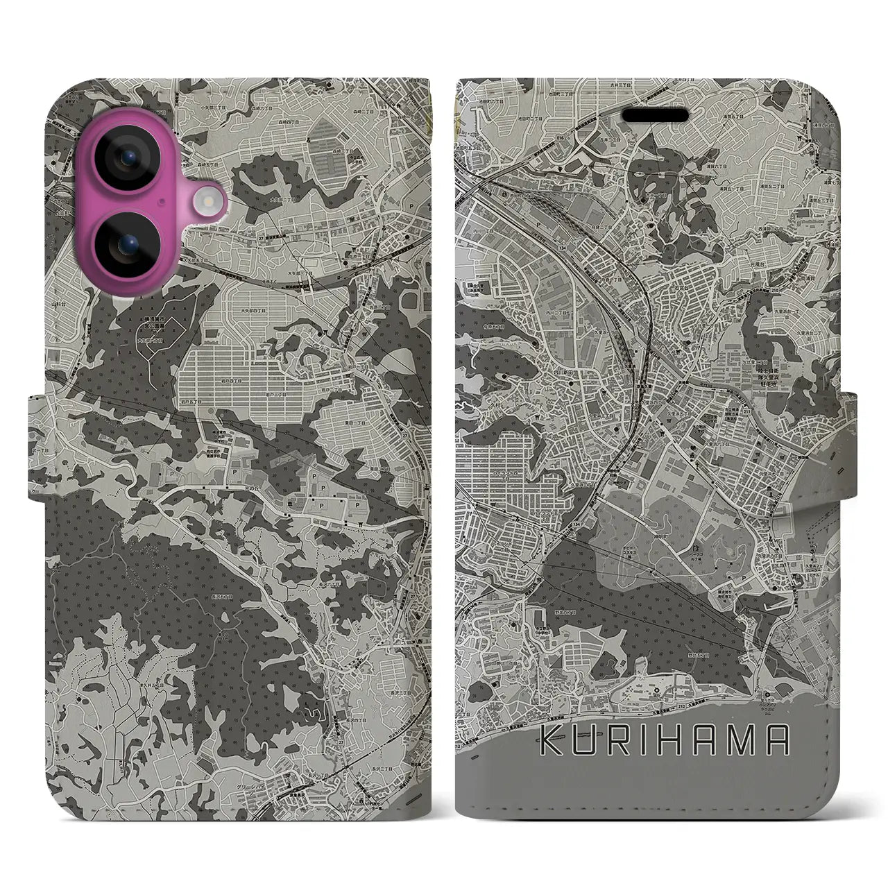 【久里浜(神奈川県)】地図柄iPhoneケース(手帳タイプ)モノトーン・iPhone 16 Pro 用