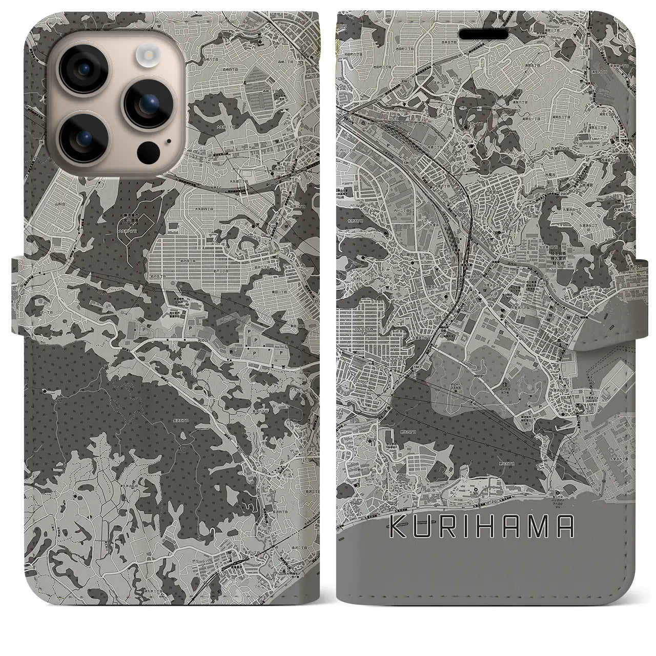 【久里浜(神奈川県)】地図柄iPhoneケース(手帳タイプ)モノトーン・iPhone 16 Plus 用