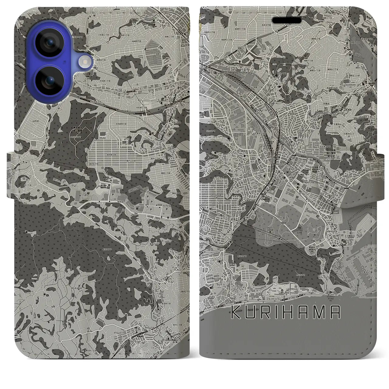 【久里浜(神奈川県)】地図柄iPhoneケース(手帳タイプ)モノトーン・iPhone 16 Pro Max 用