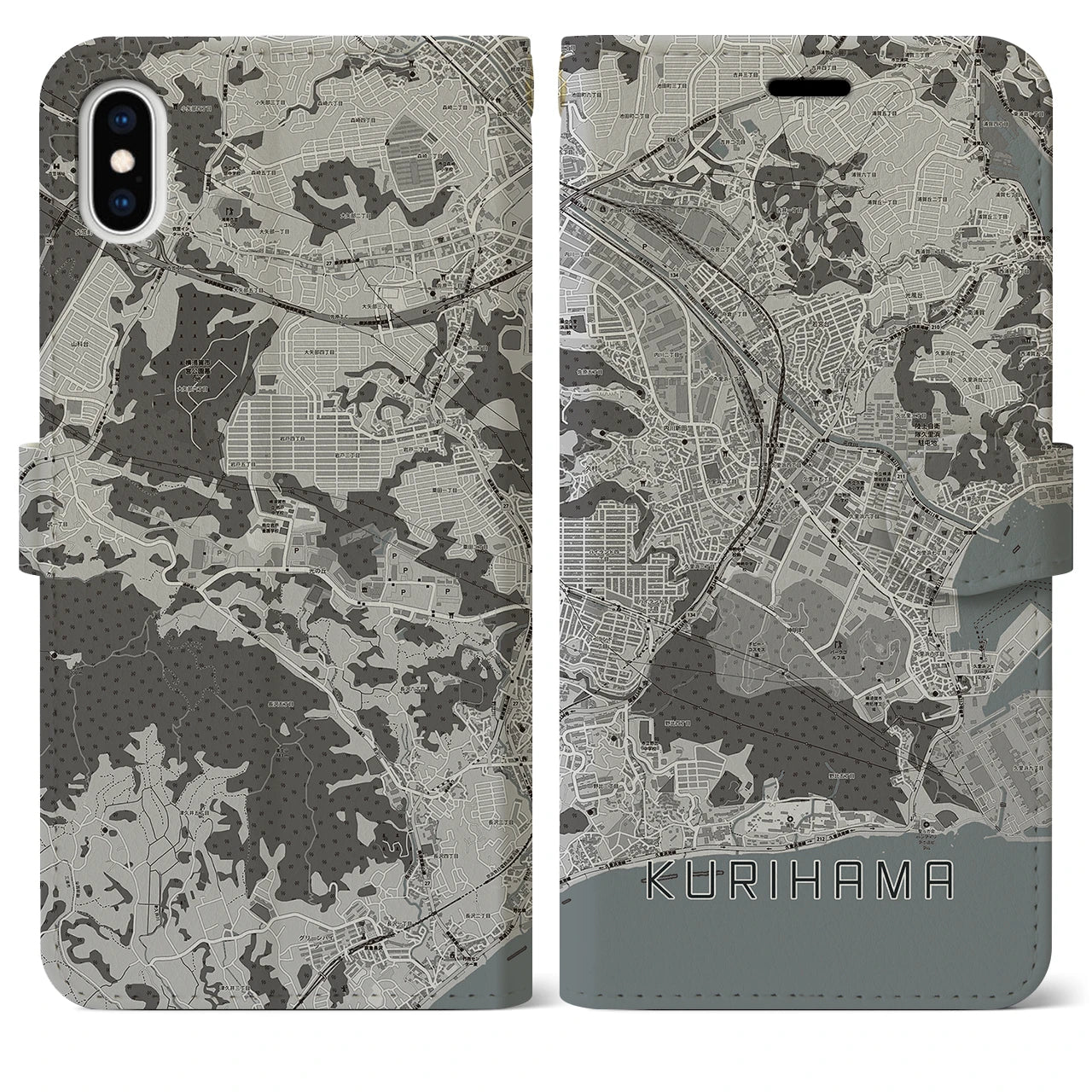 【久里浜(神奈川県)】地図柄iPhoneケース(手帳タイプ)モノトーン・iPhone XS Max 用