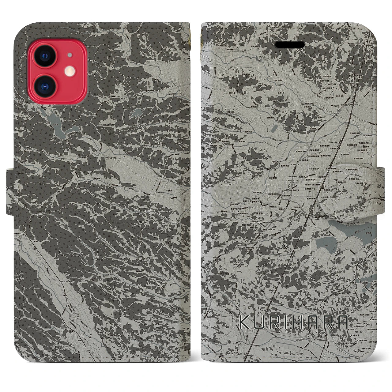 【栗原(宮城県)】地図柄iPhoneケース(手帳タイプ)モノトーン・iPhone 11 用