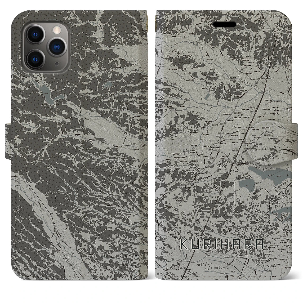 【栗原(宮城県)】地図柄iPhoneケース(手帳タイプ)モノトーン・iPhone 11 Pro Max 用