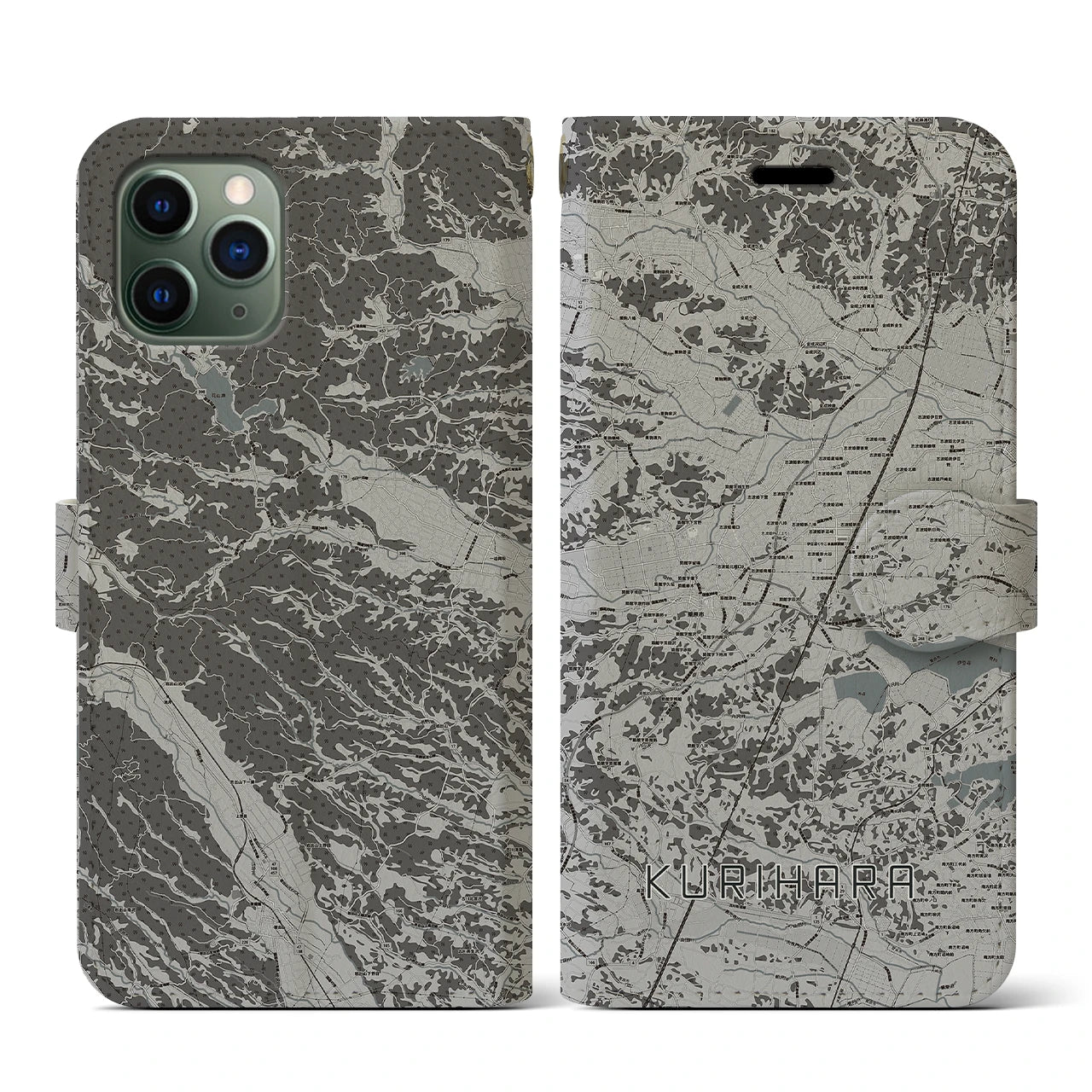 【栗原(宮城県)】地図柄iPhoneケース(手帳タイプ)モノトーン・iPhone 11 Pro 用