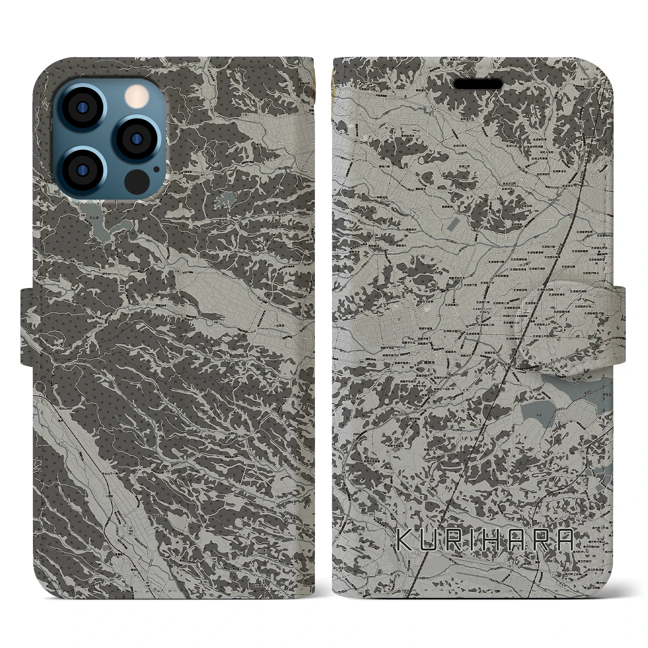 【栗原(宮城県)】地図柄iPhoneケース(手帳タイプ)モノトーン・iPhone 12 / 12 Pro 用