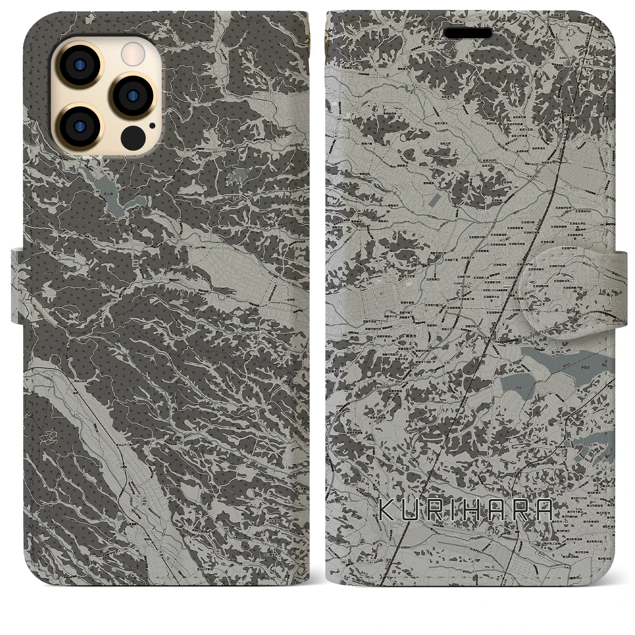 【栗原(宮城県)】地図柄iPhoneケース(手帳タイプ)モノトーン・iPhone 12 Pro Max 用