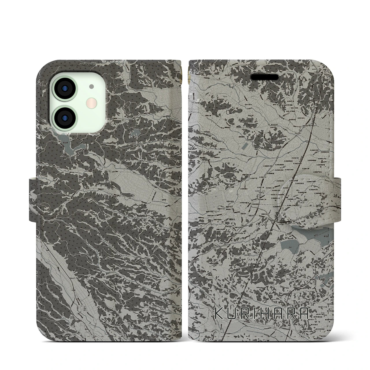 【栗原(宮城県)】地図柄iPhoneケース(手帳タイプ)モノトーン・iPhone 12 mini 用