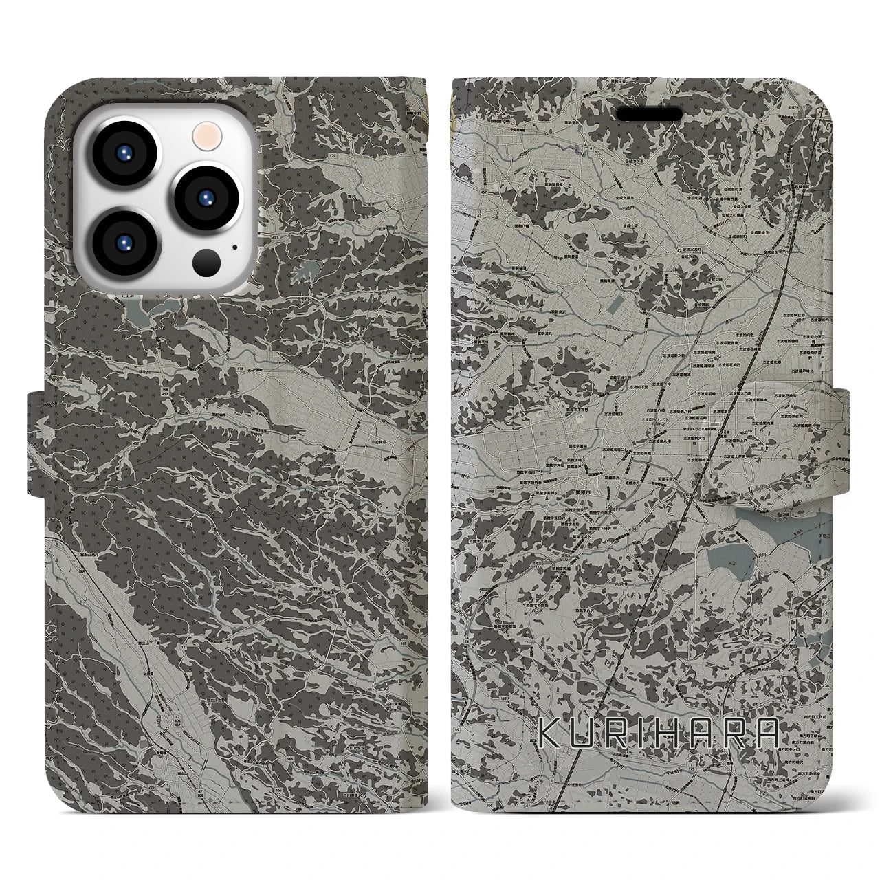 【栗原(宮城県)】地図柄iPhoneケース(手帳タイプ)モノトーン・iPhone 13 Pro 用