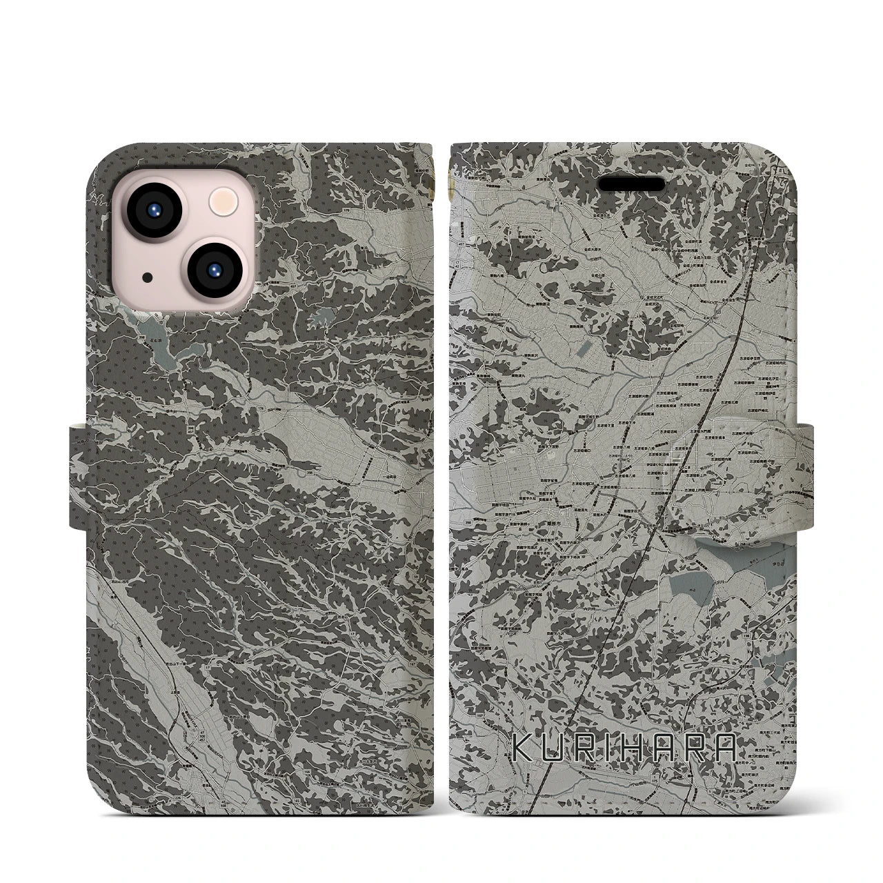 【栗原(宮城県)】地図柄iPhoneケース(手帳タイプ)モノトーン・iPhone 13 mini 用