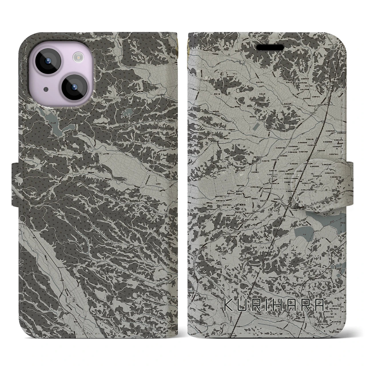 【栗原(宮城県)】地図柄iPhoneケース(手帳タイプ)モノトーン・iPhone 14 用