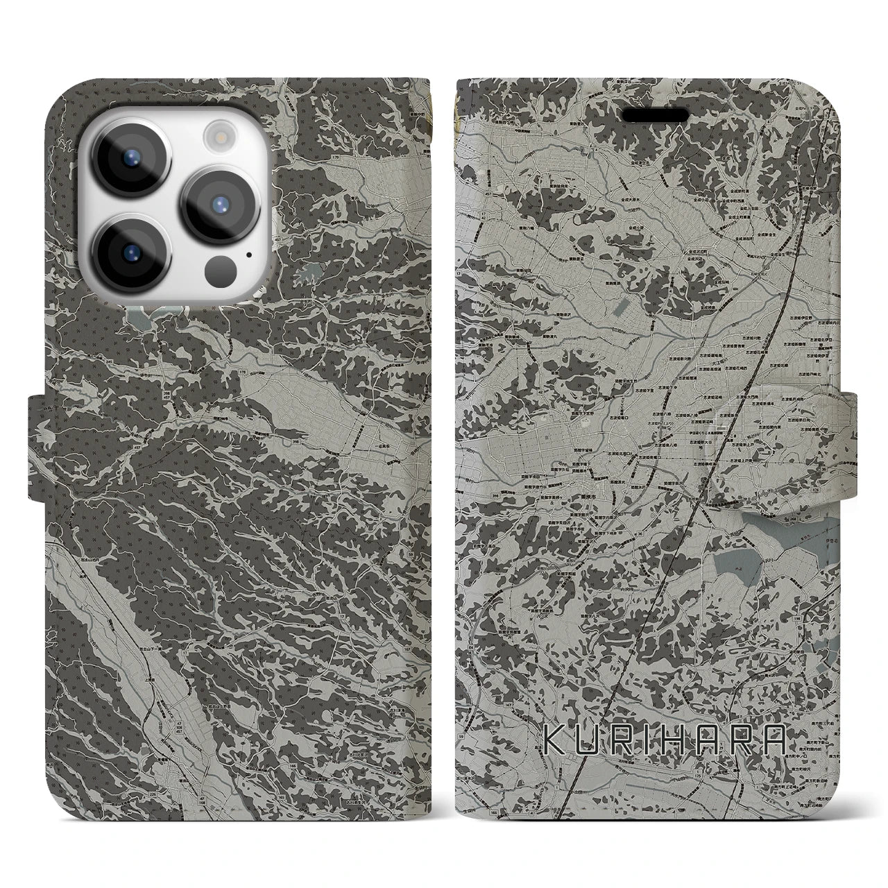 【栗原(宮城県)】地図柄iPhoneケース(手帳タイプ)モノトーン・iPhone 14 Pro 用