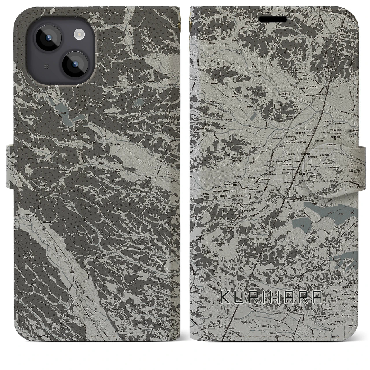 【栗原(宮城県)】地図柄iPhoneケース(手帳タイプ)モノトーン・iPhone 14 Plus 用